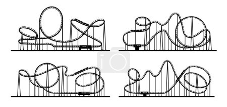 Illustration for Roller coaster loop, rollercoaster silhouette or amusement park rides, vector track. Funfair carnival roller coaster loop silhouette, entertainment and theme park attraction rides on rollercoaster - Royalty Free Image