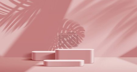 Rosa Podium-Attrappe für Produktdisplay-Hintergrund, Vektor-3D-Plattformständer. Pinkfarbener Podiumssockel mit Schatten von Palmblättern an der Wand, Kosmetik- oder Luxusauslage und Ateliervitrine mit Podesten