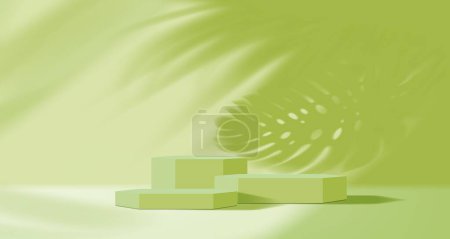 Illustration for Olive pistachio podium mockup for product display background with vector palm leaves shadow. Green podium pedestal or platform stand with plant leaves and light shadow on wall, luxury cosmetic display - Royalty Free Image