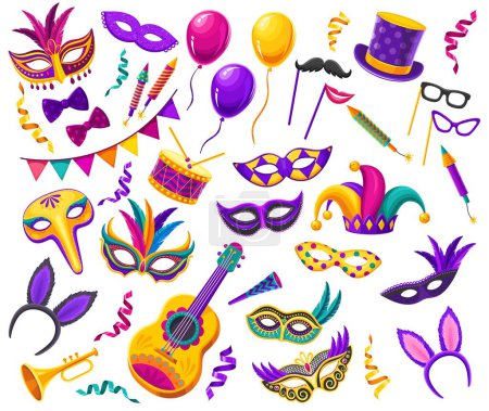 Illustration for Brazil carnival masks, costumes and musical instruments. Brazilian masquerade or fair attributes with cartoon vector feather mask, fireworks, balloons and harlequin hat, guitar, drum and trumpet - Royalty Free Image