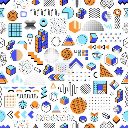 Illustration for Memphis geometric, simple shapes seamless pattern. Minimalistic geometric shapes fabric print, funky doodles wallpaper or colorful Memphis design elements textile or wrapping paper vector background - Royalty Free Image