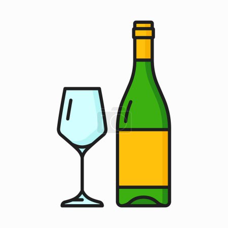 Ilustración de Botella de champán o vino blanco y cristal icono de la línea de color. Vector vino envejecido bebida alcohólica ligera seca en botella verde, producto de la bodega - Imagen libre de derechos