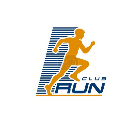 Illustration for Marathon run sport icon, running club symbol. Fitness championship, marathon running competition, sport club or gym vector icon or sign with jogging, sprinting man athlete silhouette - Royalty Free Image