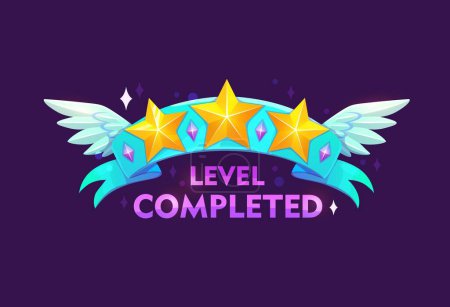 Illustration for Game level complete. Arcade achievement rating, videogame level up prize or reward vector symbol, casino success sign. Gaming task complete, winner rank icon with three golden stars on blue ribbon - Royalty Free Image
