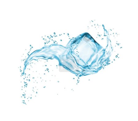 Illustration for Realistic ice cube with water splash. Isolated 3d vector aqua stream and frozen crystal block captured in high resolution, displaying texture and details of frozen icy cube and scattered wet droplets - Royalty Free Image
