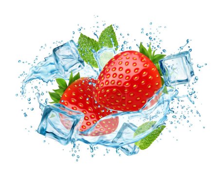 Illustration for Swirl water splash with strawberry, mint and ice cubes. Realistic 3d vector fresh juicy berry with liquid transparent whirl and drop splatters. Isolated vitamin fruity drink, juice or beverage ads - Royalty Free Image