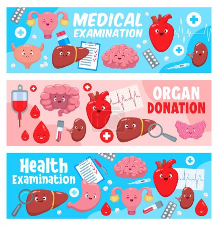 Illustration for Cartoon body organ characters. Organ donation, treatment, medication. Healthcare vector horizontal banners with uterus, bladder, liver and, brain, kidney, intestine, thyroid cheerful personages - Royalty Free Image