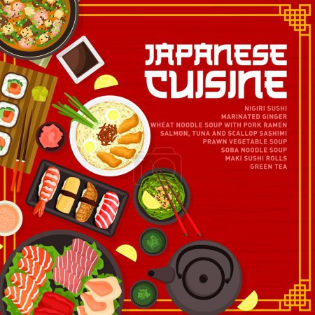 Téléchargez les illustrations : Cuisine japonaise menu restaurant couverture design. Thé vert, soupe de nouilles de blé avec ramen de porc et sushi maki, saumon, thon et sashimi pétoncle, gingembre mariné, sushi nigiri et soupe de légumes crevettes - en licence libre de droit