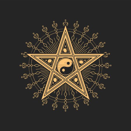 Téléchargez les illustrations : Yin Yang symbole à l'intérieur du pentagramme étoile avec lune et croissant autour. Bouddhisme vectoriel signe de tarot religieux ou occulte, harmonie, débuts masculins et féminins. Amulrte, talisman, tatouage - en licence libre de droit