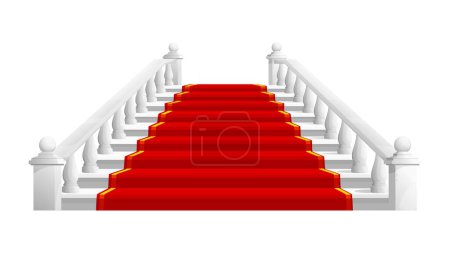 Illustration for Castle and palace staircase. Marble stair with red carpet. Isolated vector white classic royal ladder with balustrade leading visitors to regal chamber. Vintage architecture element, theatre entrance - Royalty Free Image