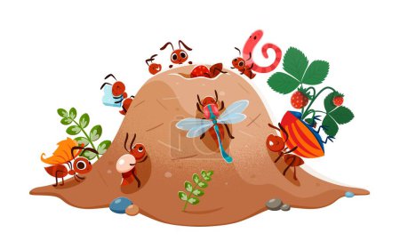 Illustration for Cartoon anthill colony and ants characters. Funny insect personages with prey and foods on mound at summer lawn. Isolated vector termites pests in their nest on meadow, bugs in natural environment - Royalty Free Image