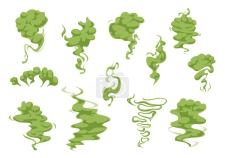 Illustration for Cartoon green bad smell, stinky smoke clouds, and toxic steam. Vector stench or stink, fume trails, disgusting breathing, fart, spoiled rotten food odor. Isolated set of garbage vapor, fume, miasma - Royalty Free Image