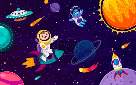 Ilustración de Astronauta niño y personajes alienígenas en la galaxia espacial. Vector de dibujos animados niño cosmonauta montar cohete en el universo exterior con planetas, estrellas brillantes, naves espaciales y platillos ovni. Viaje o viaje interestelar - Imagen libre de derechos