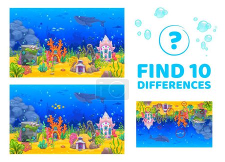 Illustration for Find ten differences cartoon sea underwater landscape with fairytale house buildings. Kids vector game worksheet with cartoon mermaid fantasy dwellings coral, tin can, anchor or seashell on sea bottom - Royalty Free Image