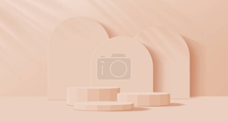 Beige podium. Studio showroom mock up space, fashion showcase clean stand or cosmetics product presentation platform base 3d realistic vector backdrop. Exhibition gallery beige pedestal background