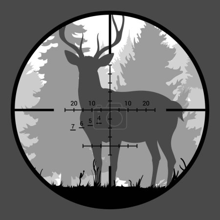 Ilustración de Objetivo ciervo, caza animal deportivo en mira de rifle o pistola con fondo vector naturaleza bosque paisaje de pinos y siluetas de hierba en la niebla. Trofeo Hunter, temas de escena de rodaje - Imagen libre de derechos