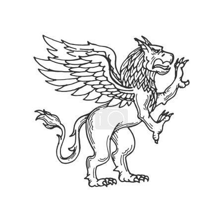 Ilustración de Bosquejo animal medieval heráldico, león águila o monstruo grifo, símbolo heráldico vector. León heráldico con alas de águila o criatura de fantasía rampante y bestia mítica para escudo heráldico gótico - Imagen libre de derechos