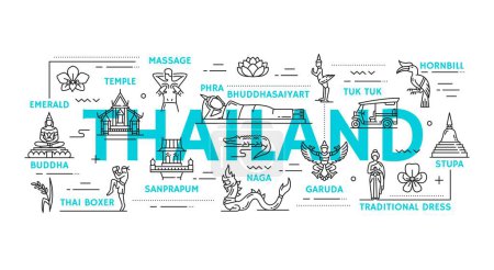 Illustration for Thailand travel icons, Thai landmarks, culture, food and traditions, vector line symbols. Thailand tourism attractions of Buddha temple, Bangkok food and Thai massage, tuk tuk or Muay Thai boxing - Royalty Free Image