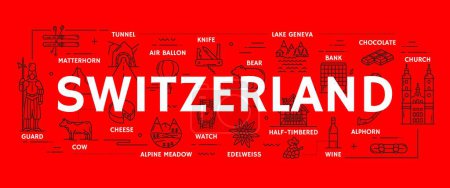 Illustration for Switzerland travel icons with vector line swiss mountains, cheese, chocolate and cow, knife, ski and half timbered house. Outline alphorn, watch, bank, lake Geneva and bear, hot air balloon, tunnel - Royalty Free Image