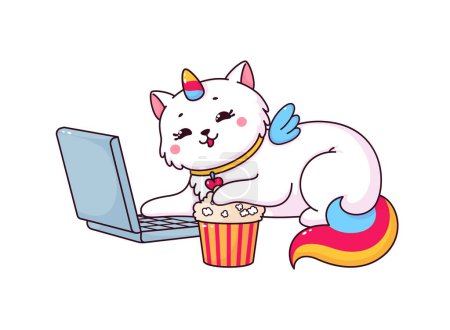 Illustration for Cartoon cute caticorn character with laptop and popcorn bucket. Unicorn cat or kitty vector personage with rainbow tail and horn. Kawaii magic animal creature, funny caticorn surfing the internet - Royalty Free Image