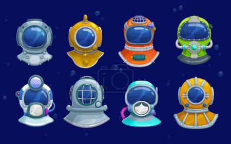 Illustration for Cartoon diver helmets of deep sea scuba diving suit equipment. Vector vintage underwater helmets with color breathing masks, face plates, air ducts and exhaust valves on blue background with bubbles - Royalty Free Image