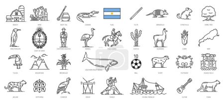 Illustration for Argentina line icons, Argentine travel symbols and tourism landmarks, vector culture, food and tradition. Argentina flag and map outline icons, wine and mate tea, soccer and Argentinian tango - Royalty Free Image