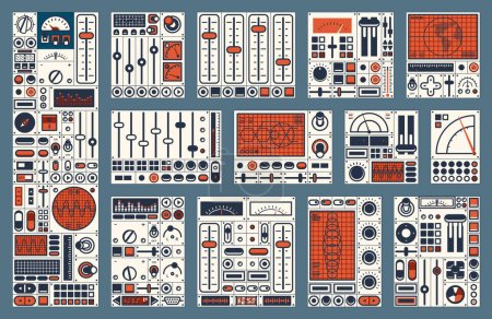 Illustration for Retro dashboard. Control panel dial, switch, knob, buttons. Spaceship console with old computer screens, vector ship instrument panel or airplane cockpit with displays and gauges, indicators, levers - Royalty Free Image
