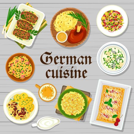 Illustration for German cuisine restaurant menu cover design. Pork ribs with boiled potatoes, cherry strudel and mushroom rolls, cheese and vegetable sausage salad, roasted ham hock and fish Eintopf, Sauerkraut stew - Royalty Free Image