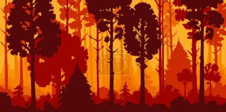 Illustration for Forest silhouette, trees nature landscape background with pines and wood plants, vector panorama. Forest background with deciduous or coniferous trees, oaks, firs and bushes in woodlands orange fog - Royalty Free Image
