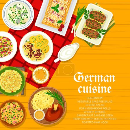 Illustration for German cuisine restaurant menu cover design. Sauerkraut sausage stew, cheese and sausage salad, fish Eintopf, cherry strudel and roasted ham hock, pork ribs with boiled potatoes, pork mushroom rolls - Royalty Free Image