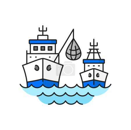Ilustración de Barcos arrastreros de la industria pesquera con icono de línea de red. La industria pesquera, la tecnología de producción pesquera en alta mar o la acuicultura fabrican iconos de vectores de líneas delgadas. Barcos arrastreros con pictograma de contorno neto - Imagen libre de derechos
