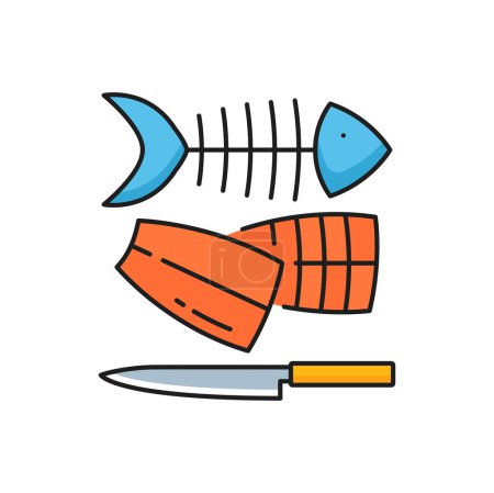 Illustration for Fishing industry fish fillet processing line icon. Salmon, trout or tuna meat cutting. Seafood product manufacture, fishing industry thin line vector symbol with fish fillet and bones, fisher knife - Royalty Free Image