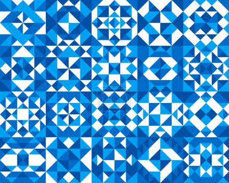 Téléchargez les illustrations : Carreaux de céramique blanc et bleu motif d'ornement de mosaïque géométrique, fond vectoriel. azulejo espagnol ou portugais et motif bleu marocain de carreaux de céramique avec ornement carré méditerranéen - en licence libre de droit