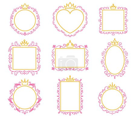 Illustration for Princess frames and mirrors with crown. Wedding or birthday holiday, kids party invitation card round, square and rectangle floral victorian or doodle outline frames with quin crown or princes tiara - Royalty Free Image