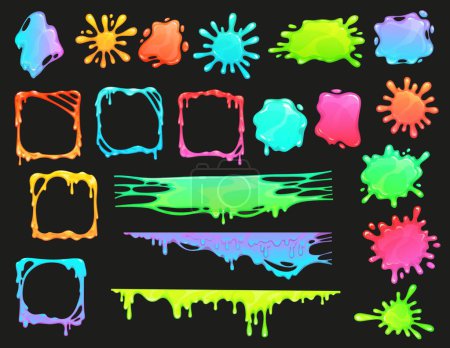 Ilustración de Dibujos animados marcos de limo de colores, salpicaduras y goteos de manchas, fondos de vectores. Fronteras de limo de moco verde con gotas y salpicaduras líquidas, salpicaduras de pintura de color con textura pegajosa y marcos de salpicaduras de limo - Imagen libre de derechos