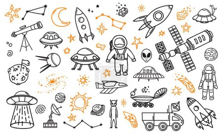 Illustration for Doodle space planets, astronauts, spaceship, comets and asteroids. Cosmos research, space flight or adventure line vector pictograms. Galaxy discovery background with spacesuit, alien UFO and rover - Royalty Free Image