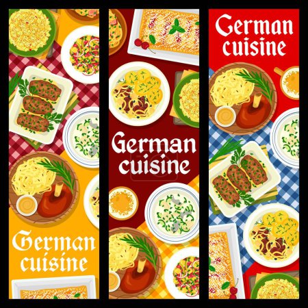 Illustration for German cuisine restaurant food banners. Sauerkraut sausage stew, vegetable sausage and cheese salad, roasted ham hock, fish Eintopf, and pork mushroom rolls, pork ribs with potatoes, cherry strudel - Royalty Free Image