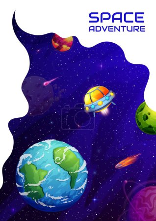 Ilustración de Página de aterrizaje espacial. Nave espacial OVNI de dibujos animados en la galaxia. Plantilla de página de aterrizaje de la empresa, proyecto empresarial página de inicio de vector de redes sociales o banner de lanzamiento de inicio con platillo volador alienígena, planetas espaciales - Imagen libre de derechos