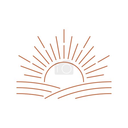 Téléchargez les illustrations : Lever de soleil et prairie collines de champ, icône des rayons de coucher de soleil bohème. Icône vectorielle de contour de style boho, élément de conception abstrait pour la décoration, soleil mystique sacré - en licence libre de droit