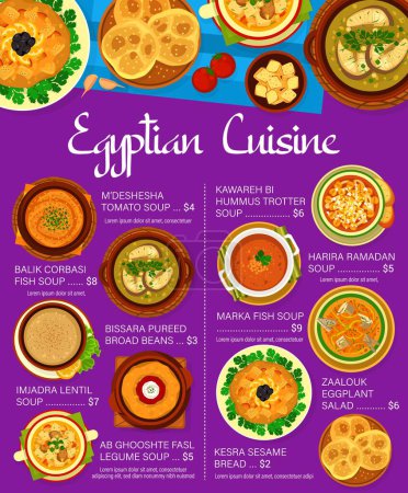 Téléchargez les illustrations : Cuisine égyptienne menu de la page design. Soupes de trotter, de légumineuses et de poisson, fèves de purée de Bissara, salade d'aubergines Zaalouk et pain de sésame Kesra, Harira Ramadan, soupe de corbasi de Balik et soupe de lentilles - en licence libre de droit