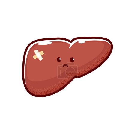 Illustration for Cartoon sick liver character, injured unhealthy human organ, isolated vector. Sad liver with medical patch, hepatic disease or unhealthy illness and infection, hepatitis or cirrhosis of liver - Royalty Free Image