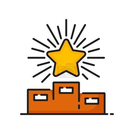 Illustration for Gold star on ranking podium first place vector icon. Best quality rating color line symbol of customer satisfaction surveys, feedbacks and reviews winner, best choice award for high quality product - Royalty Free Image