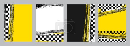 Illustration for Rally racing grunge background, checkered flag and tire tracks. Motorsport victory or race wining background, F1 championship competition vector banners with car wheel dirty trace, finish flag pattern - Royalty Free Image
