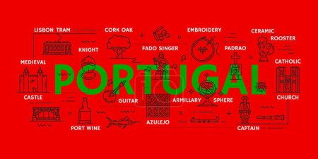 Illustration for Portugal travel icons and infographics. Portugal culture, history and architecture symbols thin line banner with lisbon tram, cork oak, medieval knight and embroidery, fado singer, church and castle - Royalty Free Image