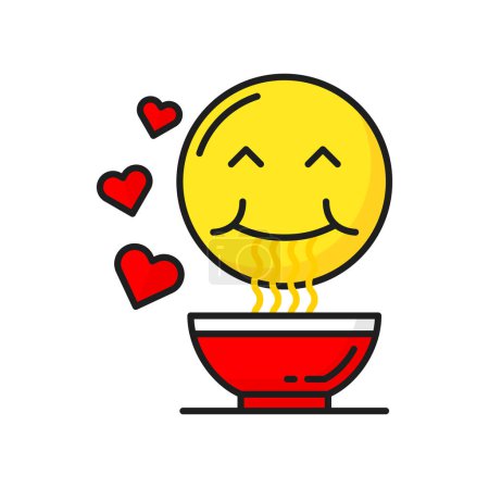 Téléchargez les illustrations : Cuisine asiatique nourriture, nouilles et soleil souriant avec des cœurs, délicieuses pâtes délicieuses dans un bol. Vecteur ramen udon fait à la main, sauté pâtes nouilles - en licence libre de droit