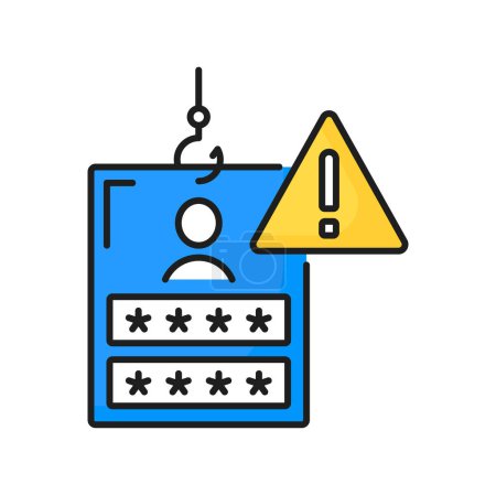 Illustration for Virus on password cyber attack computer alert sign, color line icon. Vector email scam, insecure digital communication, virus infected notification - Royalty Free Image