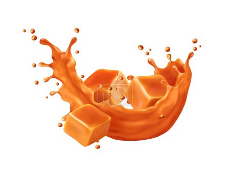 Illustration for Caramel sauce flow swirl splash with toffee candy in cream or syrup wave, realistic vector. Caramel fudge or toffee syrup melt in crown splash with droplets splatter flow in orange candy wave - Royalty Free Image