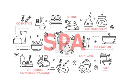 Illustration for Spa and face beauty, skin health care, massage. Vector line sauna towels, aromatherapy oil and candle, herbal therapy hair and facial mask, body lotion, soap, flowers, bamboo. Beauty salon treatments - Royalty Free Image