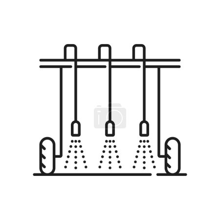 Illustration for Field wheel sprayer, agriculture irrigation icon. Farm drip watering, garden sprinkling technology or soil irrigation automatic system outline vector symbol. Field irrigation equipment simple sign - Royalty Free Image