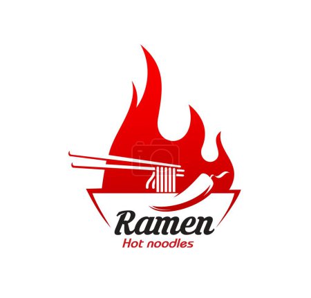 Illustration for Hot ramen noodles icon, asian food symbol. Korean fast food meal, Chinese cuisine restaurant or oriental ramen noodles bar vector icon. Asian menu cafe emblem or sign with chopsticks, chili pepper - Royalty Free Image